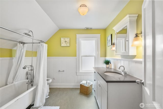 1531 NW 62nd St, Seattle, WA 98107 - bathroom with a wainscoted wall, vanity, shower / bath combination with curtain, and lofted ceiling
