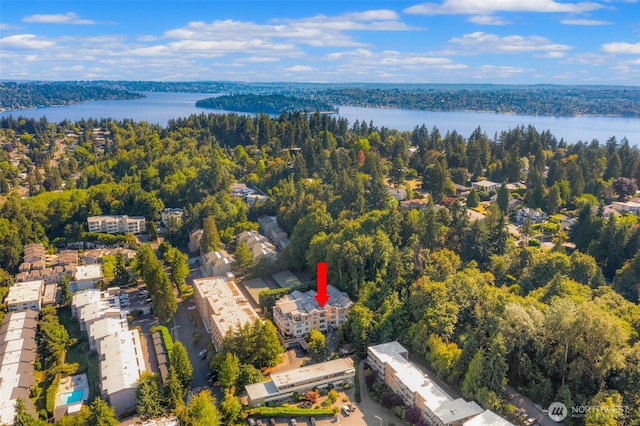 7549 SE 29th St Unit 305, Mercer Island, WA 98040 - aerial overview of property's location featuring a nearby body of water and a heavily wooded area
