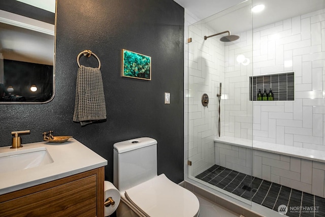 13512 106th Dr SE, Snohomish, WA 98296 - full bathroom with vanity, tiled shower, and a textured wall
