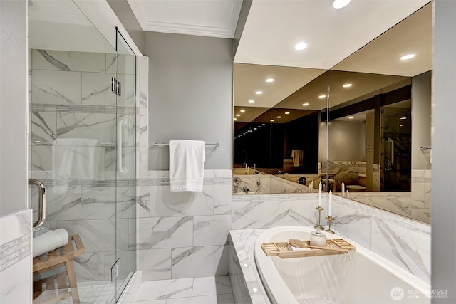 524 Maple St Unit 105, Edmonds, WA 98020 - bathroom with marble finish flooring, ornamental molding, a stall shower, recessed lighting, and a garden tub