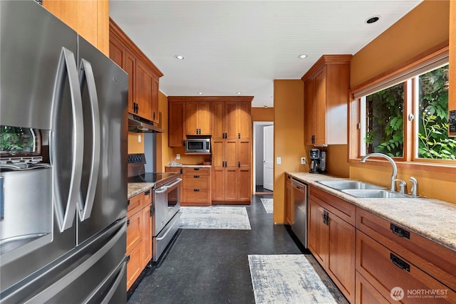 2020 Easy St, Wenatchee, WA 98801 - kitchen with stainless steel appliances, under cabinet range hood, brown cabinetry, dark flooring, and recessed lighting