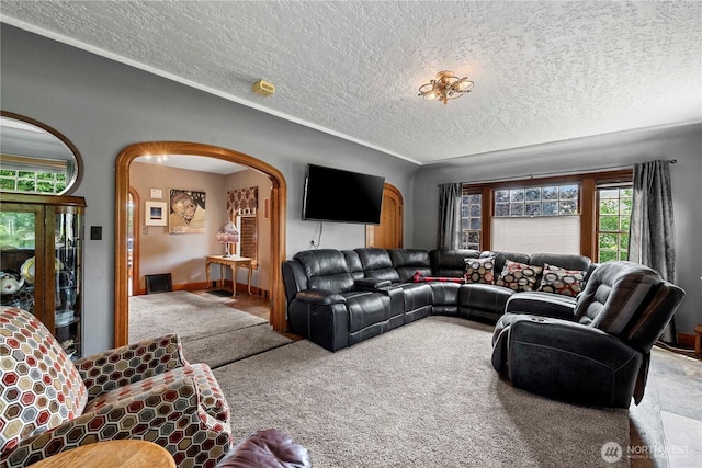 2020 Easy St, Wenatchee, WA 98801 - living room with arched walkways, carpet, and a textured ceiling
