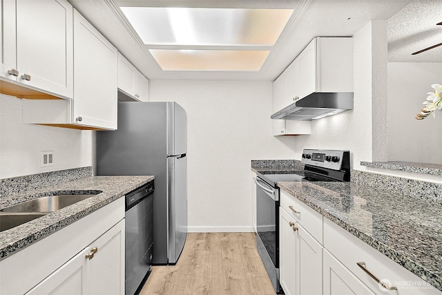 33011 18th Pl S Unit F205, Federal Way, WA 98003 - kitchen with stainless steel appliances, exhaust hood, light wood-style floors, white cabinetry, and stone counters