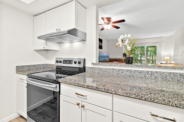 33011 18th Pl S Unit F205, Federal Way, WA 98003 - kitchen featuring stainless steel range with electric cooktop, under cabinet range hood, light wood finished floors, ceiling fan, and stone counters