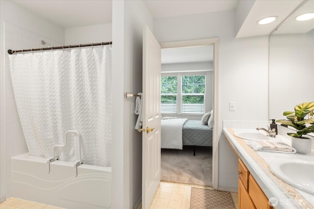 8500 Main St Unit F205, Edmonds, WA 98026 - ensuite bathroom with double vanity, shower / bath combo, and recessed lighting