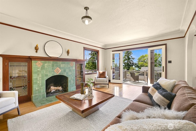 251 N Garden St, Bellingham, WA 98225 - living room with a textured ceiling, crown molding, light wood finished floors, and a fireplace