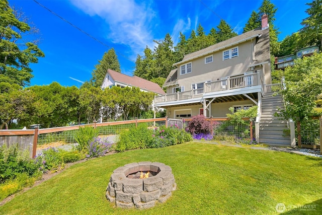 251 N Garden St, Bellingham, WA 98225 - back of property with an outdoor fire pit, stairs, stucco siding, a chimney, and a wooden deck