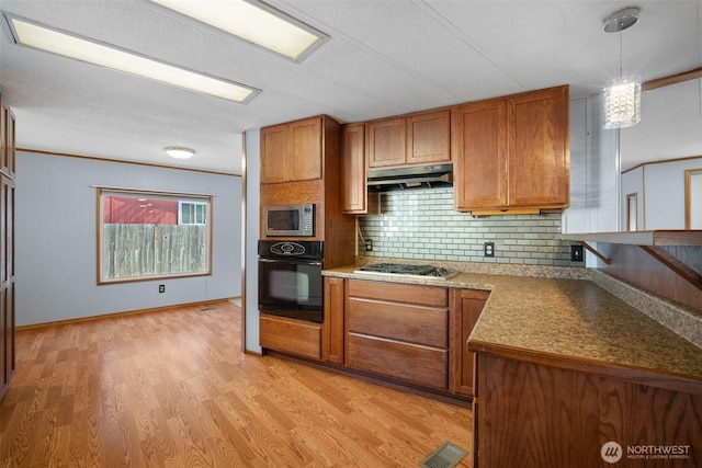 8265 Skeena Way, Blaine, WA 98230 - kitchen with appliances with stainless steel finishes, brown cabinetry, under cabinet range hood, decorative backsplash, and light wood finished floors