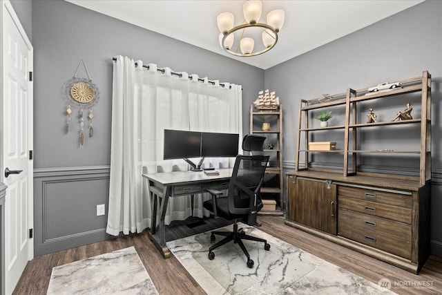 4212 145th Pl SE, Snohomish, WA 98296 - office space featuring a chandelier, wood finished floors, and a wainscoted wall