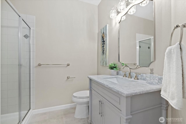 4212 145th Pl SE, Snohomish, WA 98296 - full bathroom featuring vanity, a stall shower, tile patterned floors, and a chandelier