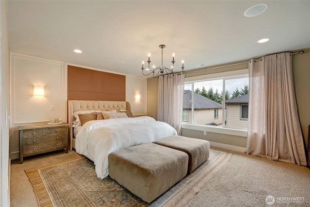 619 Graham Ave NE, Renton, WA 98059 - bedroom featuring a chandelier, light carpet, recessed lighting, and ornamental molding