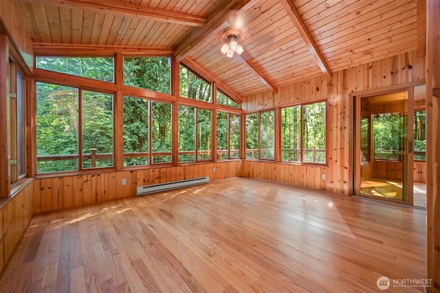 5510 Mt Baker Hwy, Deming, WA 98244 - unfurnished sunroom with a baseboard radiator, wood finished floors, wood walls, a wooden deck, and wooden ceiling