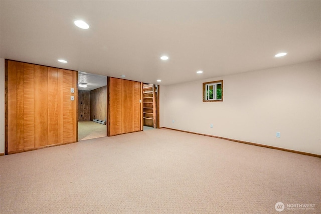 5510 Mt Baker Hwy, Deming, WA 98244 - finished below grade area featuring light colored carpet, recessed lighting, and a baseboard radiator
