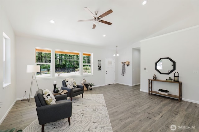 13540 Carney Lake Rd SW, Port Orchard, WA 98367 - living area featuring ceiling fan, light wood-style floors, vaulted ceiling, and recessed lighting