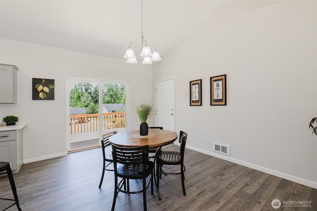 13540 Carney Lake Rd SW, Port Orchard, WA 98367 - dining space featuring dark wood-style flooring, a chandelier, and vaulted ceiling