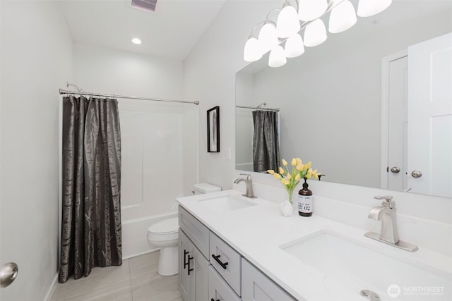 13540 Carney Lake Rd SW, Port Orchard, WA 98367 - full bathroom featuring double vanity, shower / bathtub combination with curtain, tile patterned flooring, and a chandelier