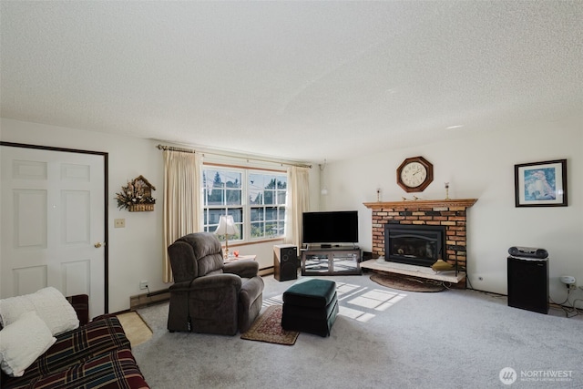 30026 5th Ave SW, Federal Way, WA 98023 - living area with carpet flooring, a textured ceiling, a baseboard radiator, and a brick fireplace