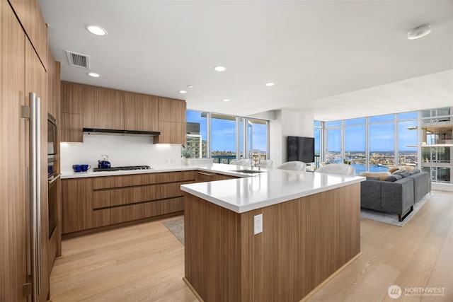 583 Battery St Unit 3802, Seattle, WA 98121 - kitchen featuring modern cabinets, light wood-style flooring, brown cabinets, recessed lighting, and expansive windows
