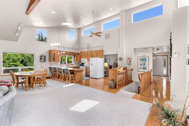 527 Fern Rd, Bellingham, WA 98225 - living area with a high ceiling, light carpet, a ceiling fan, light wood-style floors, and recessed lighting