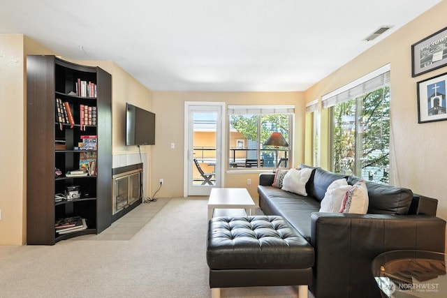 29 Etruria St Unit B405, Seattle, WA 98109 - living room featuring a fireplace and light colored carpet