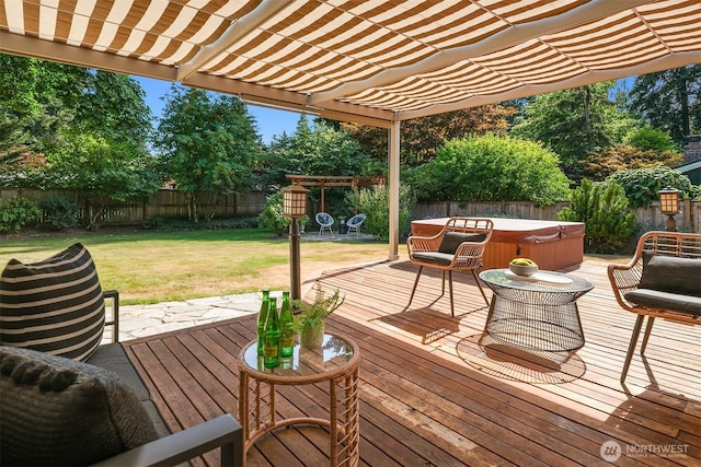 16223 NE 26th St, Bellevue, WA 98008 - wooden terrace with a hot tub, a fenced backyard, and a pergola