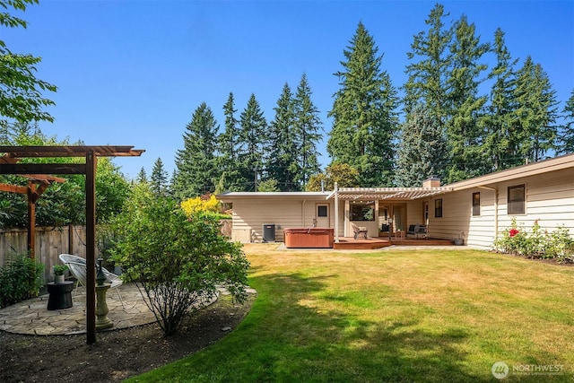 16223 NE 26th St, Bellevue, WA 98008 - rear view of house with a hot tub, a pergola, a patio, and a chimney
