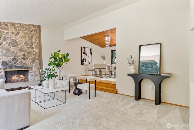 17726 NE 26th St, Redmond, WA 98052 - living area featuring vaulted ceiling, carpet floors, and a fireplace