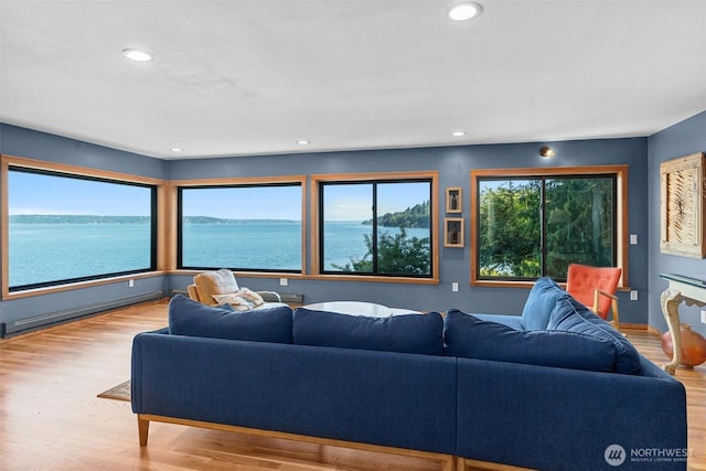 10212 SW 127th St, Vashon, WA 98070 - living area with wood finished floors, recessed lighting, and a water view