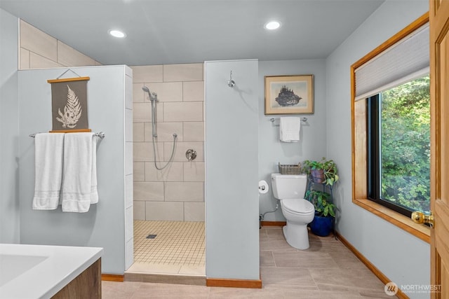 10212 SW 127th St, Vashon, WA 98070 - bathroom with walk in shower, vanity, recessed lighting, and tile patterned floors