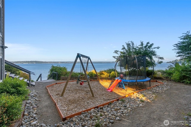 10212 SW 127th St, Vashon, WA 98070 - view of jungle gym with a trampoline and a water view