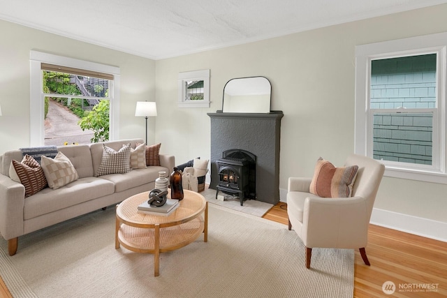 5041 Baker Ave NW, Seattle, WA 98107 - living area featuring a wood stove, ornamental molding, and light wood-type flooring