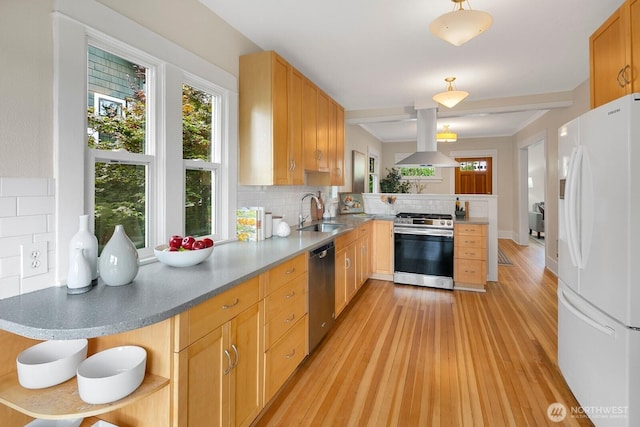 5041 Baker Ave NW, Seattle, WA 98107 - kitchen featuring stainless steel appliances, a peninsula, island range hood, and healthy amount of natural light