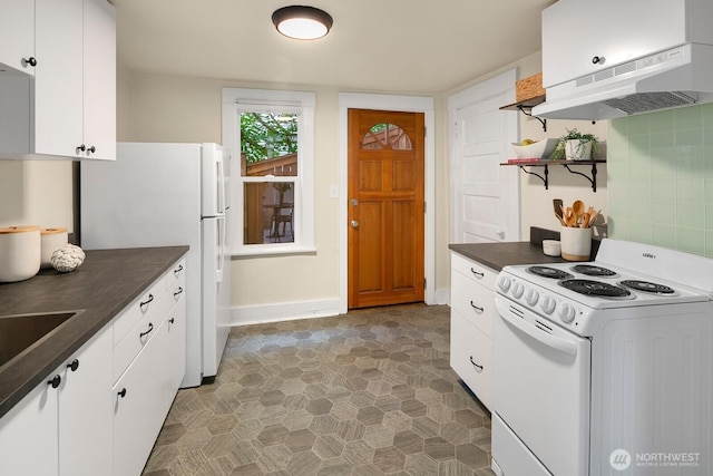 5041 Baker Ave NW, Seattle, WA 98107 - kitchen with white appliances, under cabinet range hood, dark countertops, and open shelves
