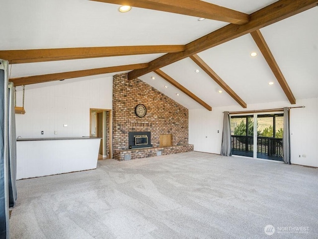 2 W Johnson Ln, Lind, WA 99341 - unfurnished living room featuring carpet flooring, a brick fireplace, and recessed lighting
