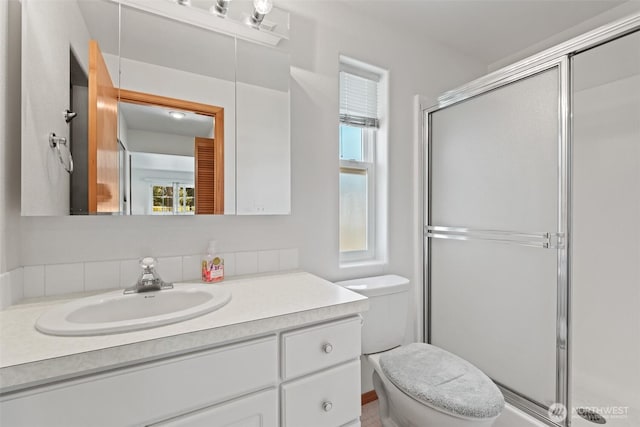 19214 Lakeview Dr, Soap Lake, WA 98851 - full bathroom featuring vanity, a shower stall, and plenty of natural light