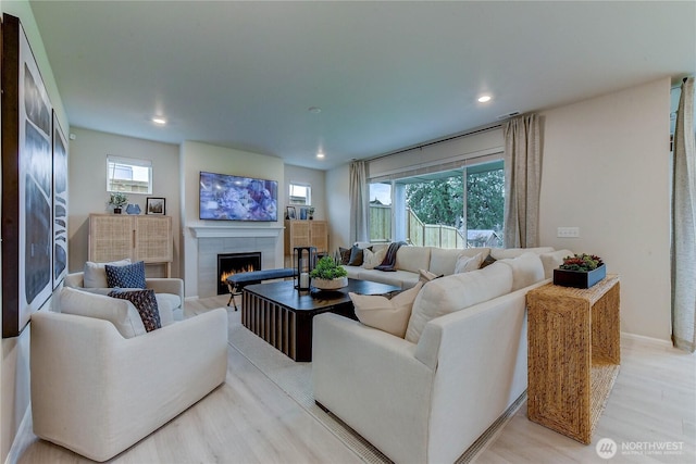 6023 Trace Dr SW, Port Orchard, WA 98367 - living room with a fireplace, light wood-style flooring, and recessed lighting