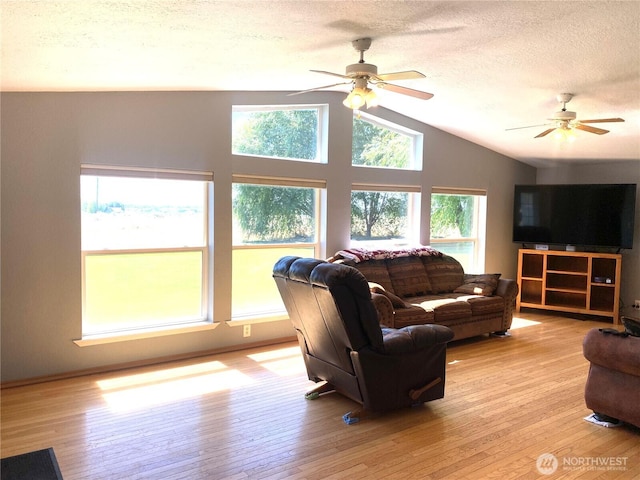 4820 NE 7.5 Rd, Moses Lake, WA 98837 - living area featuring ceiling fan, healthy amount of natural light, lofted ceiling, light wood-style flooring, and a textured ceiling