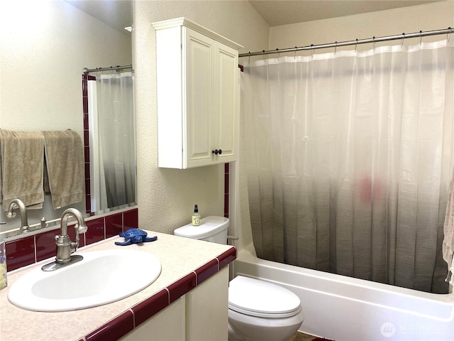4820 NE 7.5 Rd, Moses Lake, WA 98837 - bathroom with vanity, shower / bath combo with shower curtain, and a textured wall