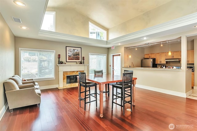 3924 243rd Pl SE Unit G204, Bothell, WA 98201 - dining space with vaulted ceiling, dark wood-type flooring, a fireplace, and plenty of natural light