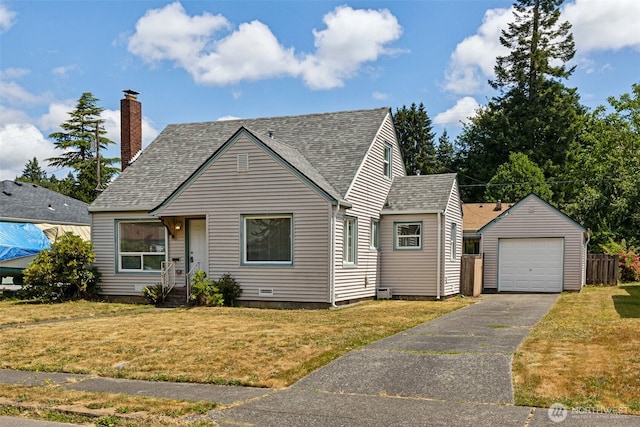 3154 Pear St SE, Olympia, WA 98501 - view of front facade featuring asphalt driveway, a front lawn, an outdoor structure, a chimney, and a detached garage