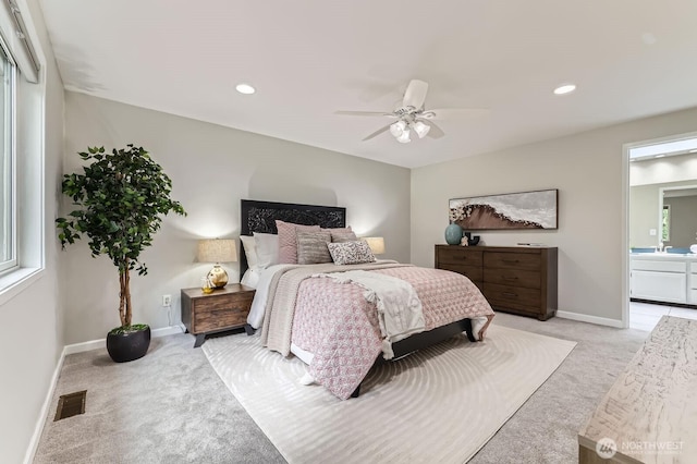 14111 NE 63rd Ct, Redmond, WA 98052 - bedroom with light colored carpet, recessed lighting, a ceiling fan, and connected bathroom