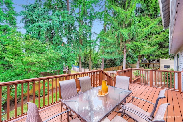 14111 NE 63rd Ct, Redmond, WA 98052 - wooden deck featuring outdoor dining space and a fenced backyard