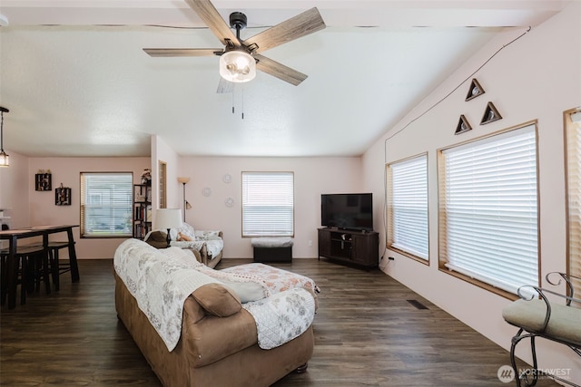 2072 Hastings Ln SE, Port Orchard, WA 98367 - living room featuring a ceiling fan, dark wood-type flooring, and vaulted ceiling