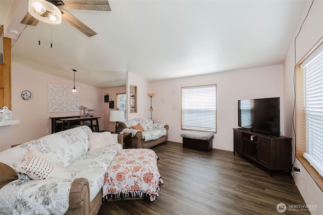2072 Hastings Ln SE, Port Orchard, WA 98367 - living room featuring ceiling fan, plenty of natural light, dark wood finished floors, and lofted ceiling