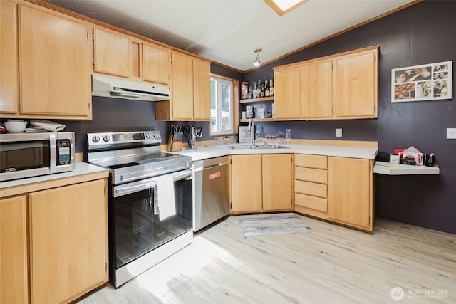 2072 Hastings Ln SE, Port Orchard, WA 98367 - kitchen featuring range hood, stainless steel appliances, light brown cabinets, lofted ceiling, and light wood-style flooring