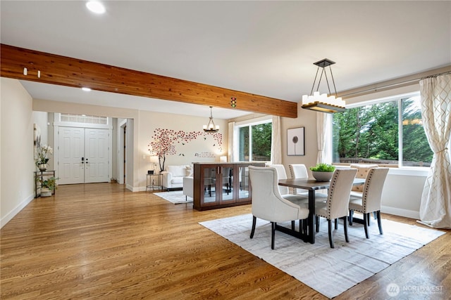 8019 149th Pl SE, Newcastle, WA 98059 - dining space with a chandelier, light wood finished floors, beam ceiling, and recessed lighting