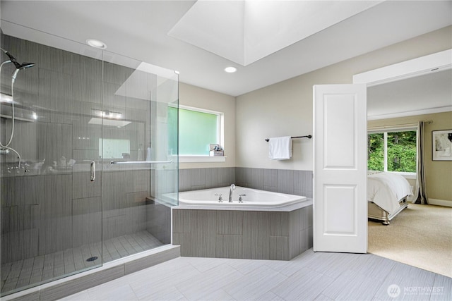 8019 149th Pl SE, Newcastle, WA 98059 - ensuite bathroom featuring a bath, a stall shower, recessed lighting, and tile patterned flooring