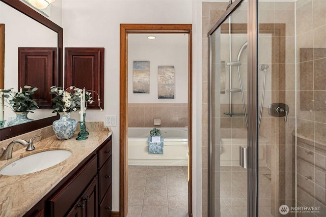 6220 146th Pl SE, Bellevue, WA 98006 - full bathroom with vanity, a stall shower, a bath, and tile patterned flooring