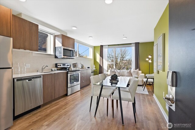 4422 Woodlawn Ave N Unit 213, Seattle, WA 98103 - kitchen with appliances with stainless steel finishes, modern cabinets, tasteful backsplash, light countertops, and light wood-style flooring