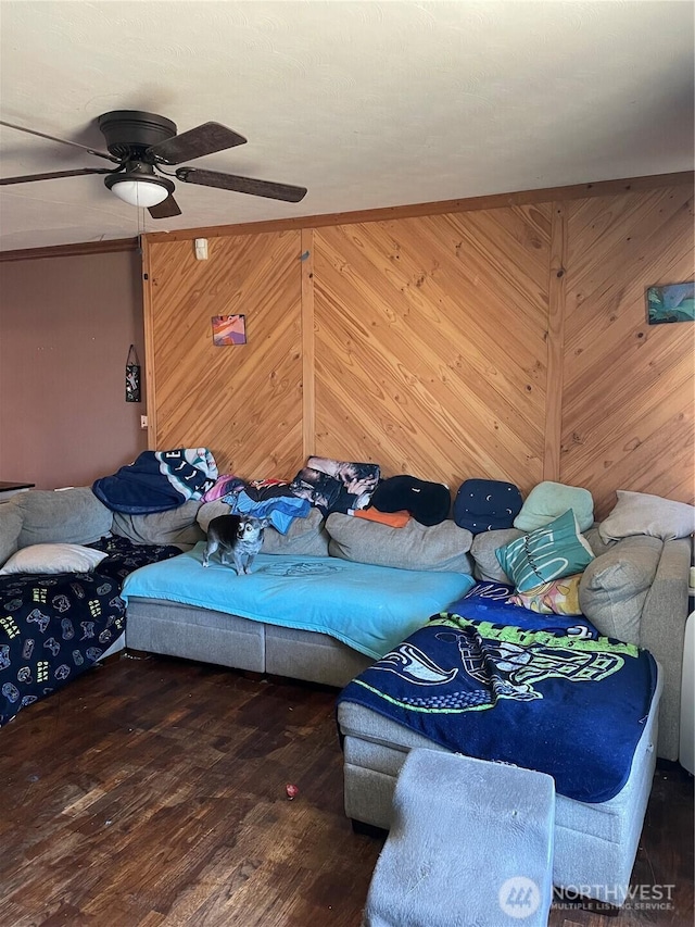 1610 M St NE, Auburn, WA 98002 - bedroom with hardwood / wood-style flooring, ceiling fan, and wooden walls